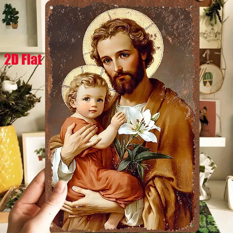 2D Flat - 1pc 2D[Flat] Metal Sign Retro Tin Painting, Depicting a Kind Man Holding a Baby, Holding Lilies, with a Warm Brown Bac