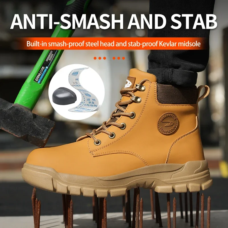 Anti-smash Work Safety Boots for Men, Steel Toe Shoes, Puncture-proof, Indestructible, Waterproof Sneakers Brown Boots