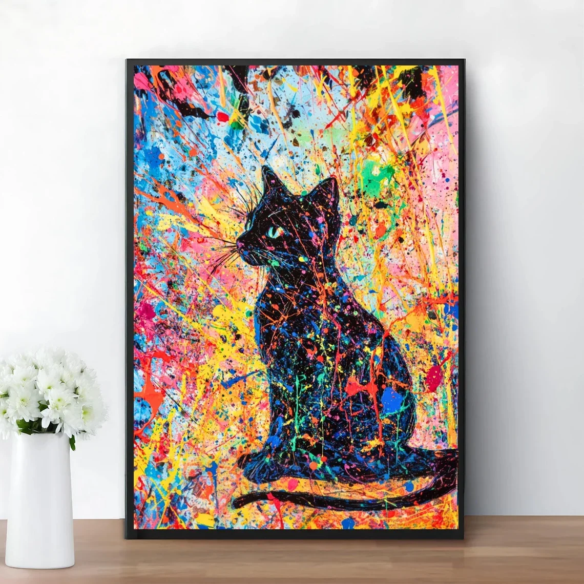 Jackson Pollock Katzenposter, bunte Wandkunst, trendige Wandkunst, Jackson Pollock Maximalistisches Dekor, abstrakte Katzenkunst, Wanddekoration