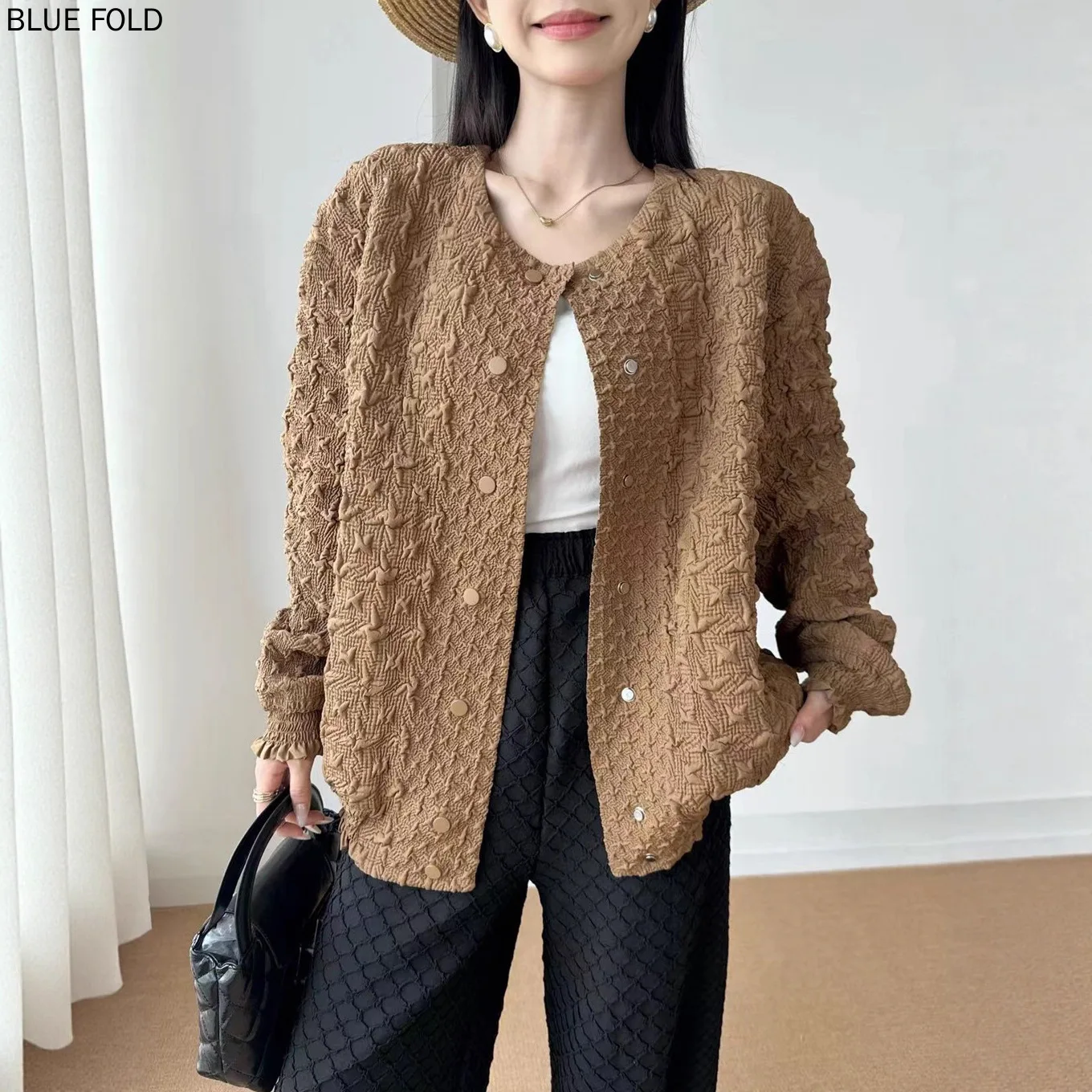 

Miyake Design-Inspired Women's Coat Fall Versatile Single-Piece Top Women's High-End Embroidered Cardigan Cotton Coat