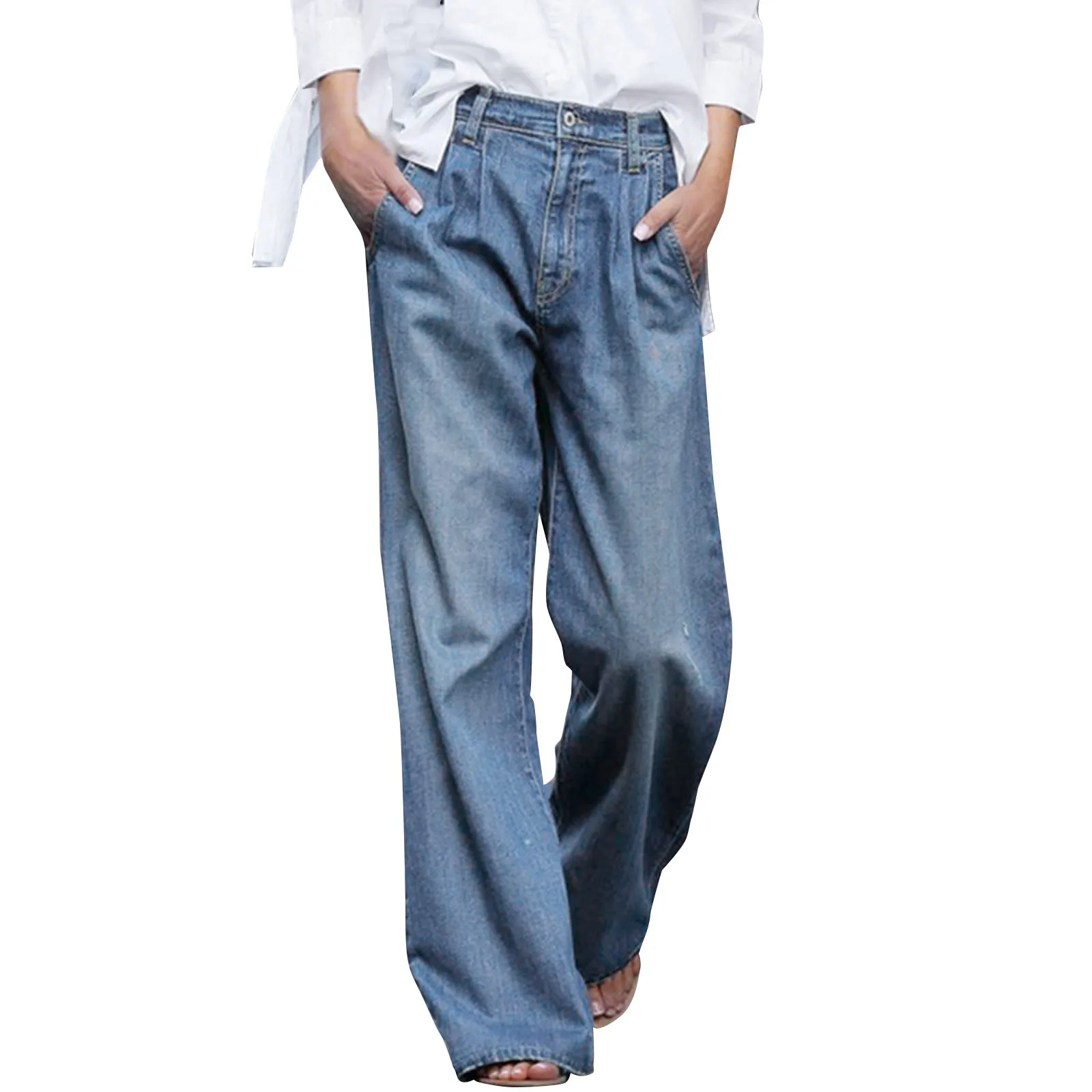 

New Arrival Straight Jeans Women's Autumn 2023 New Loose High Waist Button Front Wide Leg Design Sense Niche Split Mop Pants