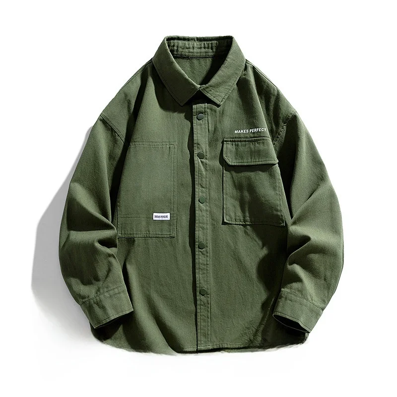 

Loose Fit Long Sve Casual irt Men's Spring Autumn New Sle American Sle Workwear Jaet Coat Youth ular Faion