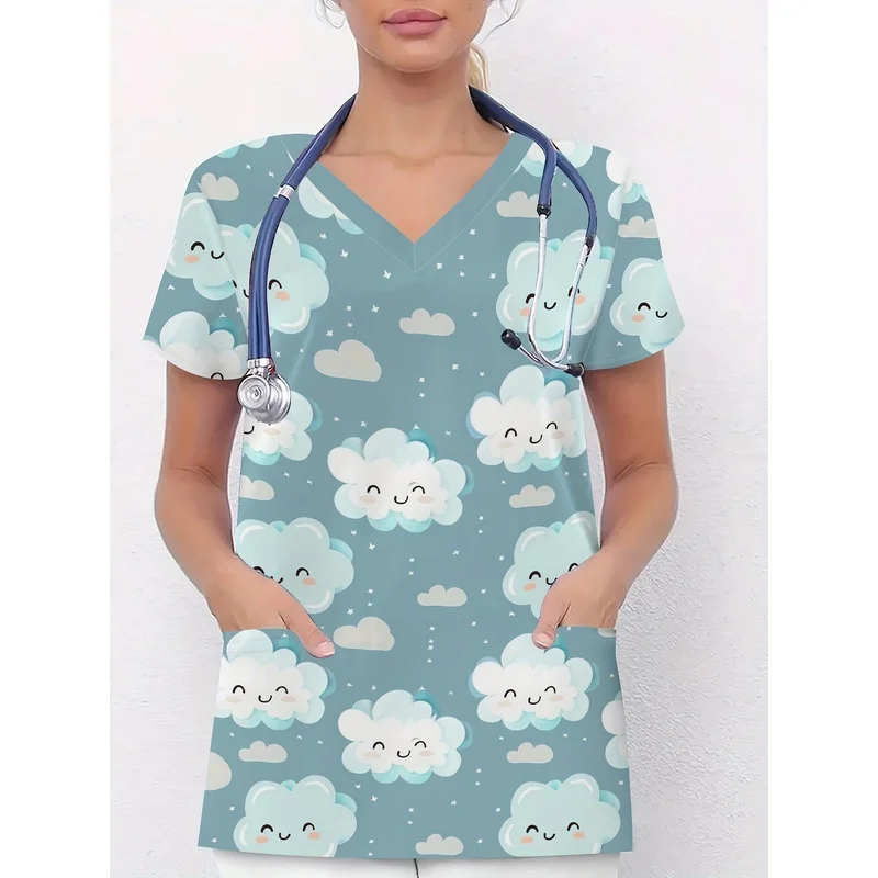 LadiesVNurse uniform，Cute cloud print，Suitable for use in dental clinics and offices，Machine Washable，Ideal work-casual attire