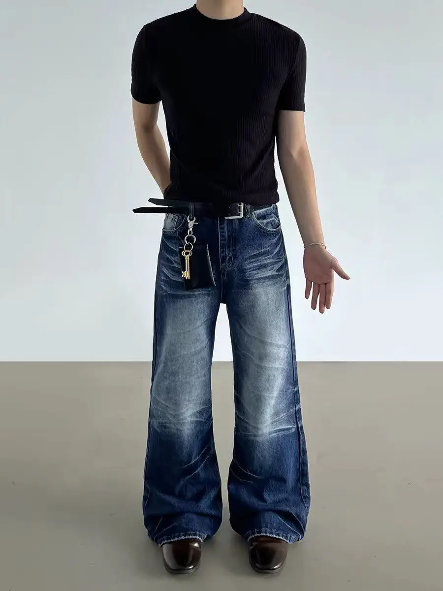 Men's Neutral Style Retro Blue Jeans Street Fashion Straight Denim Trousers Punk Boys Sweatpants Male Y2k Casual Wide Leg Pants