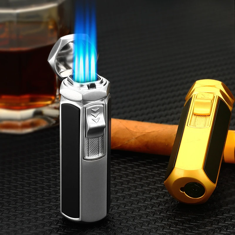 

Turbo Four Blue Flame Torch Jet Butane Gas Lighter Metal Outdoor Windproof Multifunctional Cigar Lighter Accessories Men's Gift