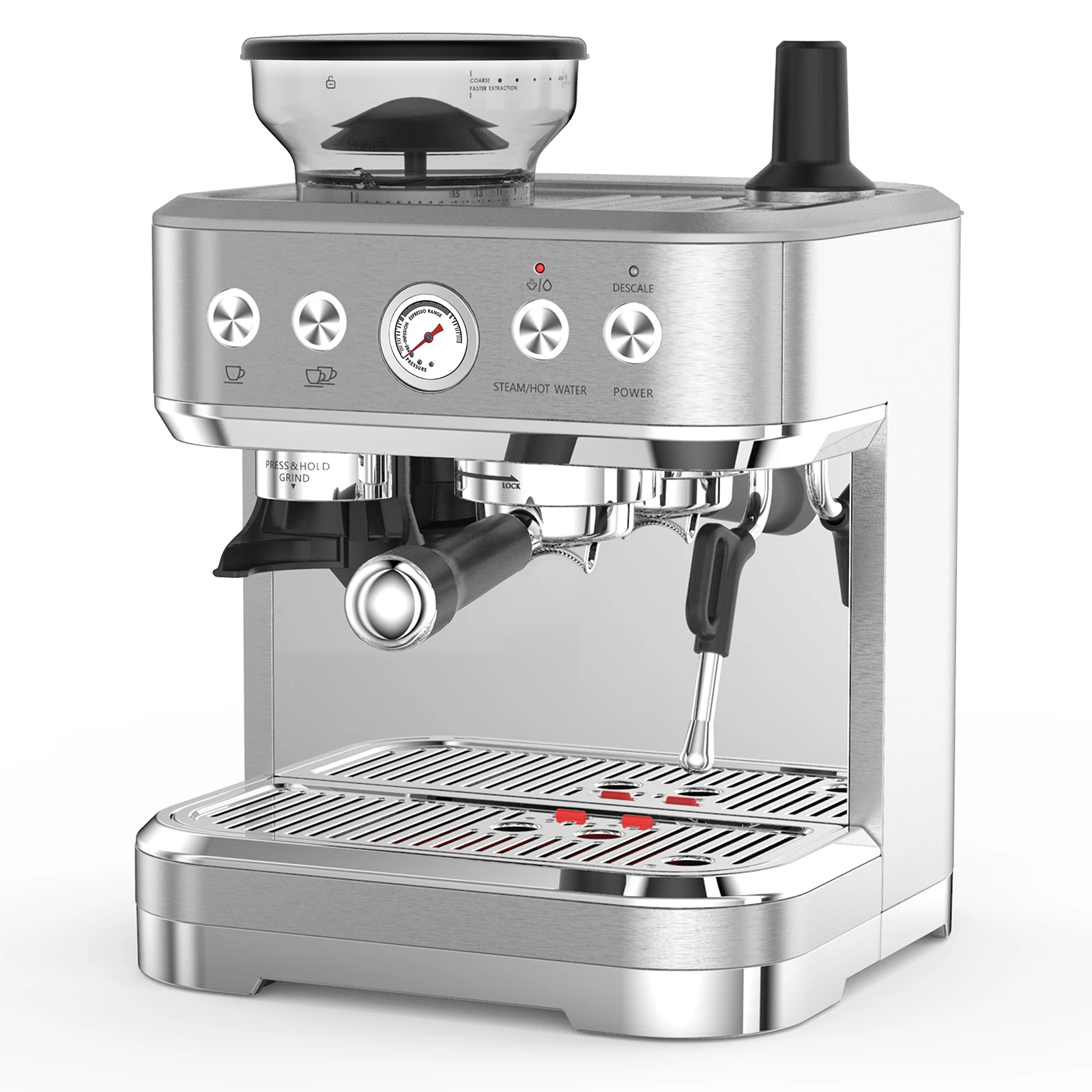 15 Bar Kaffeemaschine mit Integriertem Mahlwerk/Milchaufschäumer/2,5L Wassertank, Edelstahl Barista-Maschine für Zuhause und Büro