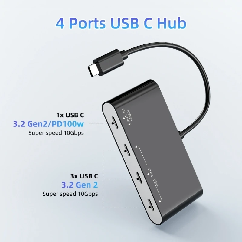 Four-Port USB C Expansion Adapter with 10Gbps Data Transfer 100W Input