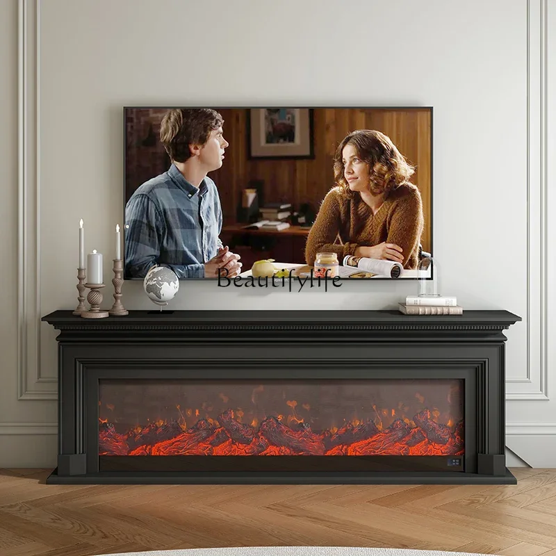 01French retro black simulation fireplace TV cabinet medium antique wall side cabinet