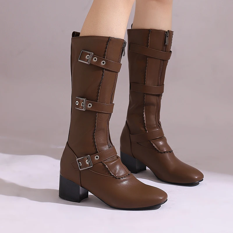 Plus Size Three Row Metal Belt Buckle Front Zipper Punk Style Motorcycle Boots Square Toe Thick Heel Women's Knee High Boots