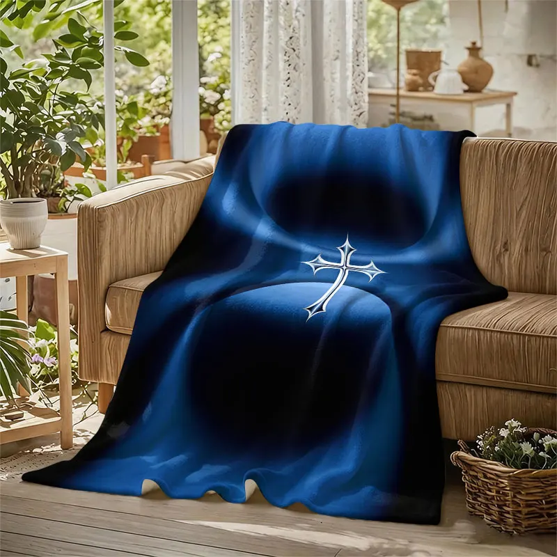 Cool Blue Christian Cross Flannel Blanket Perfect for Sofa Office Bed Travel Sleep Read Relax Camping Four Season Use