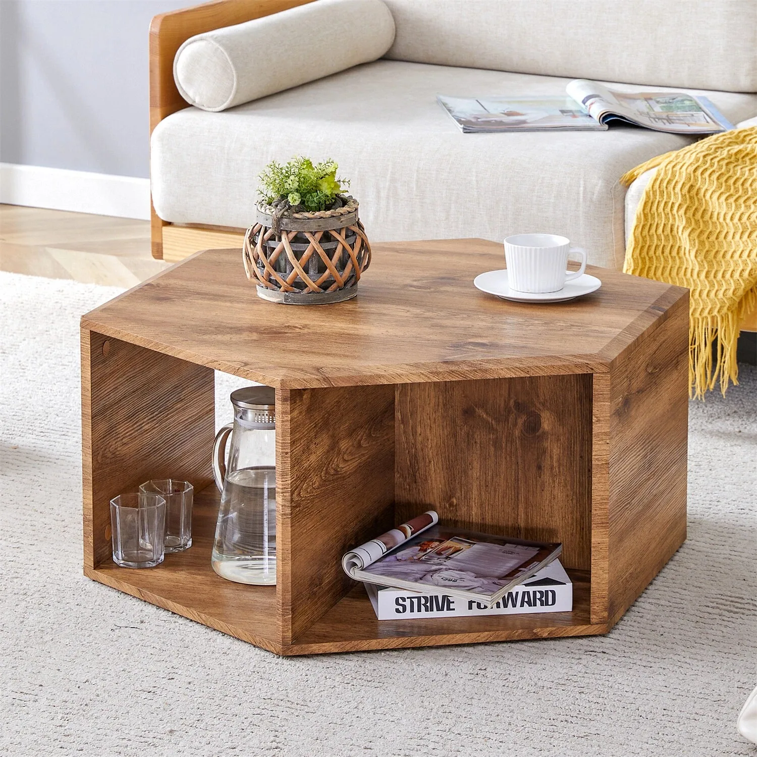 xx-Unique Edge Design Dark Wood Hexagon Modern Durable Coffee Table with Open Shelf for Living Room Home Furniture^