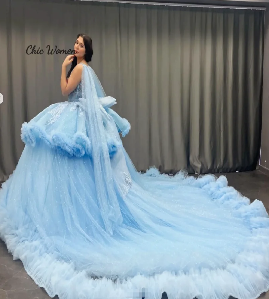 Glamorous Blue Quinceanera Dresses 2026 Luxury Ruffles Tulle Vestido De 15 Quinceañera Ball Gown Princess Sweet 16 Dress Pageant