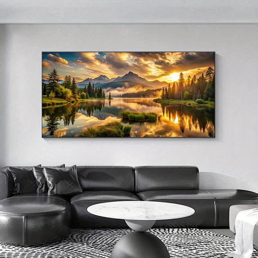No Framed Canvas Art Print - Golden Sunrise, Snowy Mountains With Reflecting Water, Modern Living Room Or Bedroom Wall Decor, Ca