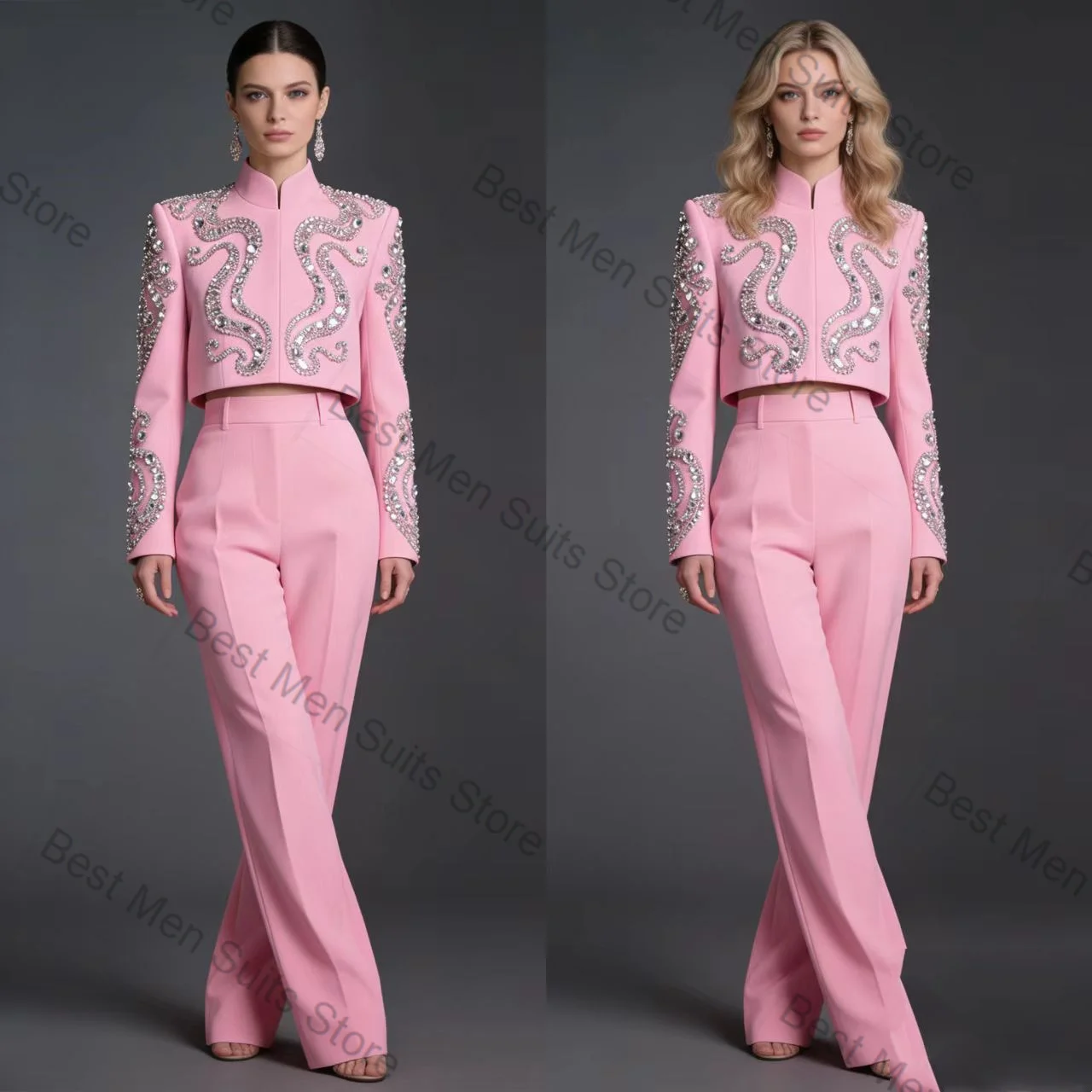 

Pink Women Suit Set 2 Pcs Blazer Pants Trousers Crystals Stand Collar Formal Office Jacket Customized Wedding Tuxedo Guest Coat