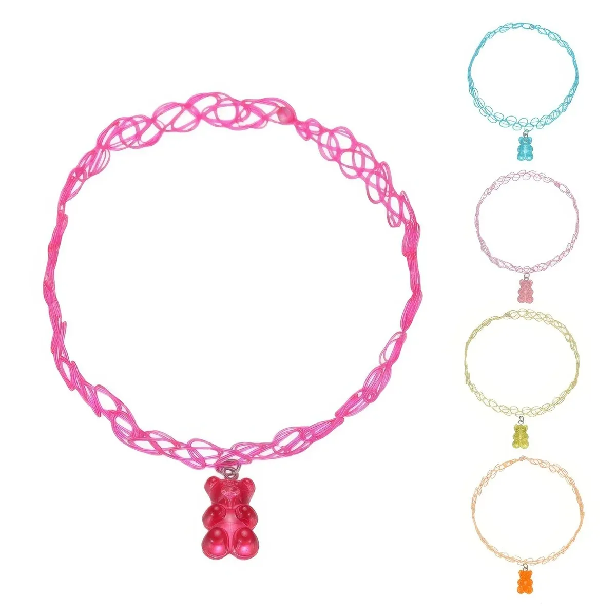 7pcs/set Y2K Choker Necklace Cute Bear Rainbow Pendant Children's Cartoon Charms Stretchy Elastic Necklace Party Jewelry Gifts