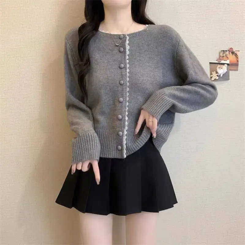 

Women's Loose Fashionable Soft Spring Autumn Sweater Jacket Top Women Sweet French Lace Trim Knitted Open Cardigan