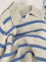 Women's Fashion Casual POLO Collar Striped Knitted Hoodie Soft and Comfortable Intercolor Sweater - Image 3