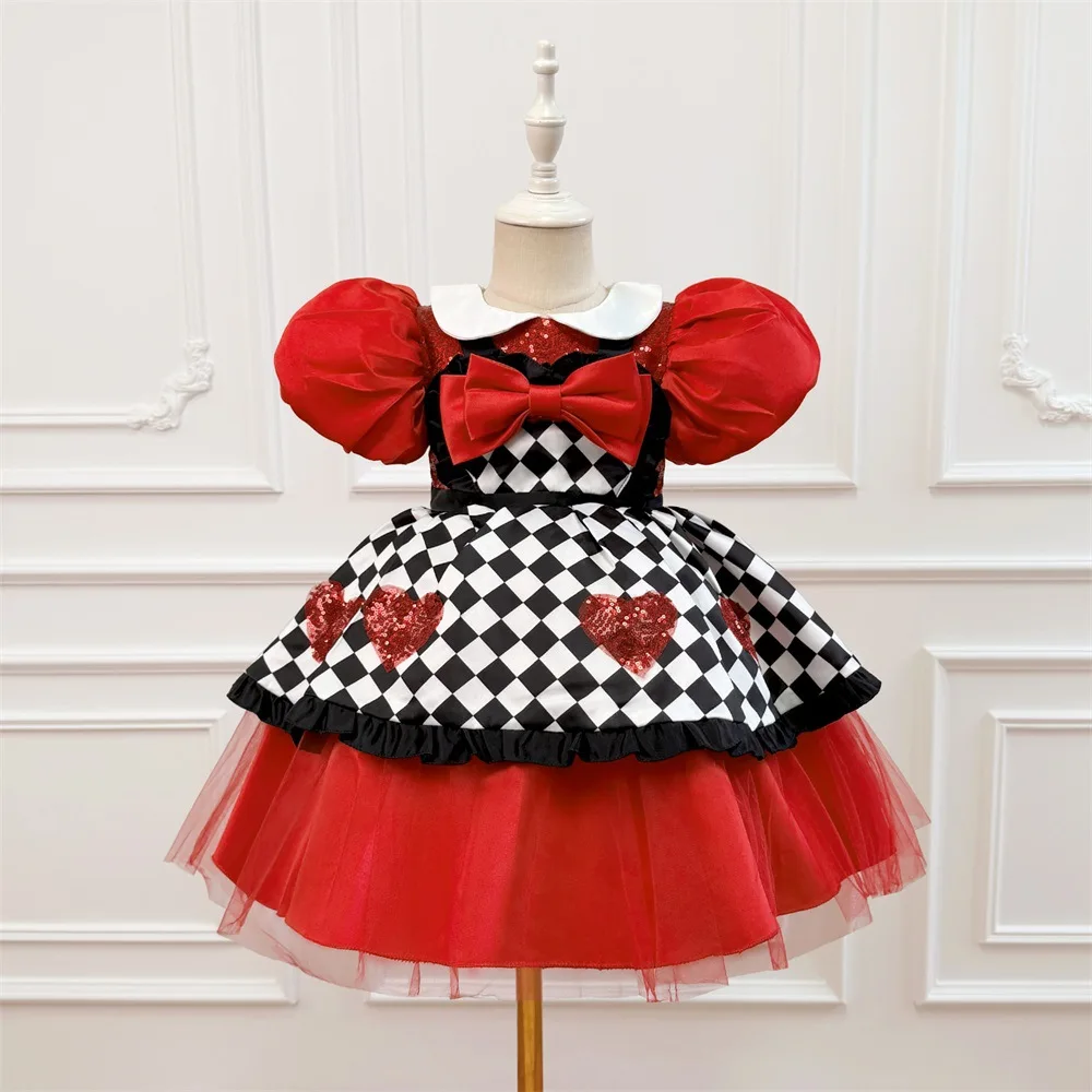 Girls Red Heart Queen Costume Dress Kids Checkered Ball Gown Bow Tie Collar Dress Halloween Carnival Party Fancy Dress Up ASQ03