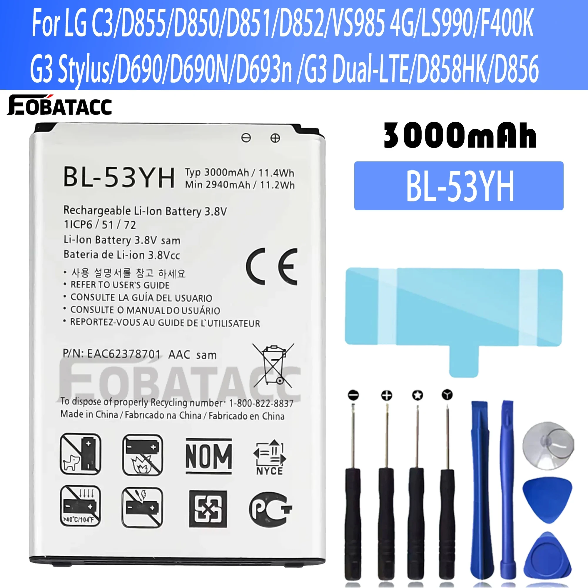 

100% New Original Battery BL-53YH For LG G3 Dual-LTE/D858HK/D856/G3 LTE-A/F460/G3 Prime/G3 Cat.6/F460L/F400LBattery + Free Tools