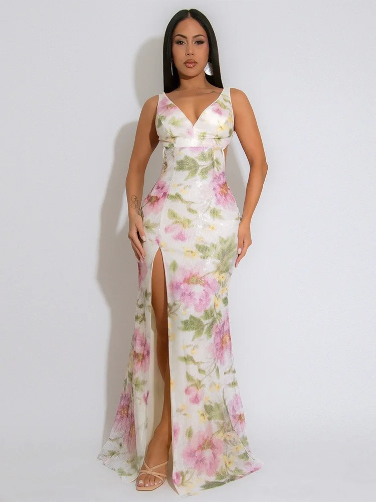 

DYKR 2025 летние платья оптом для женщин, сексуальное платье на подтяжках с v-образным вырезом и высоким разрезом и блестками, платье Vestidos Para Mujer Robe Femme