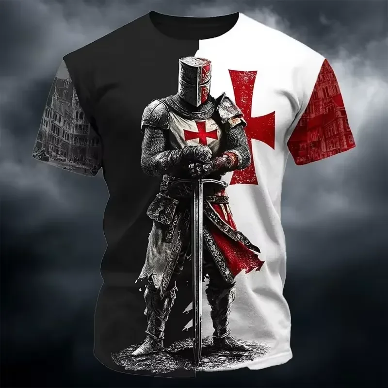 3D Printed Casual T Shirt Men Templar Knight Black White Split Red Cross Graphic Oversized Streetwear Tee 2026 Fashion Top