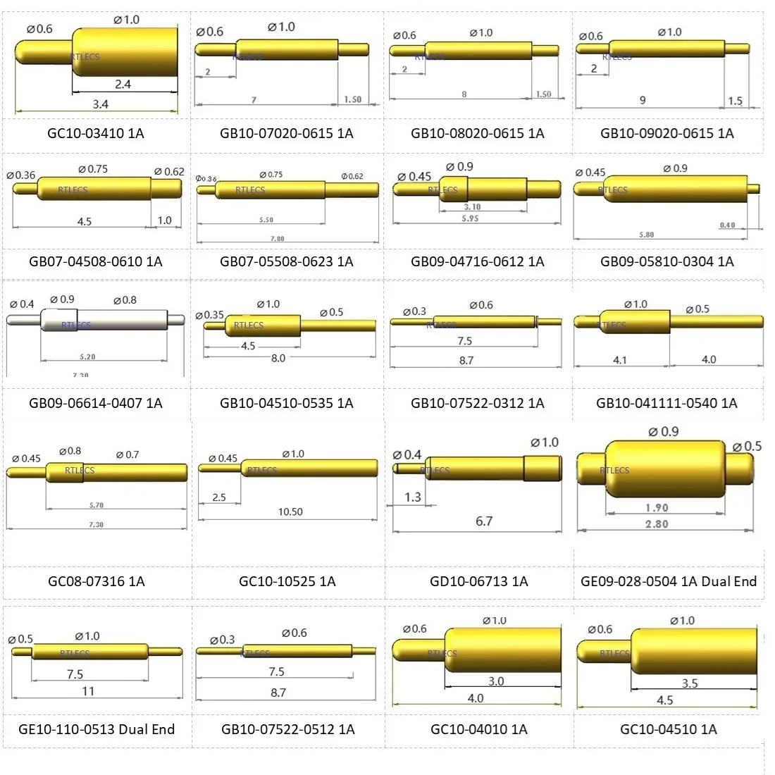 2/5/20 PCS Pogo Pin Connectors Outer Diameter 0.6 0.75 0.8 0.9 1.0 1.1mm 1A 2A 3A Spring Loaded Discrete Pogopin Gold Plated 3u" view 2