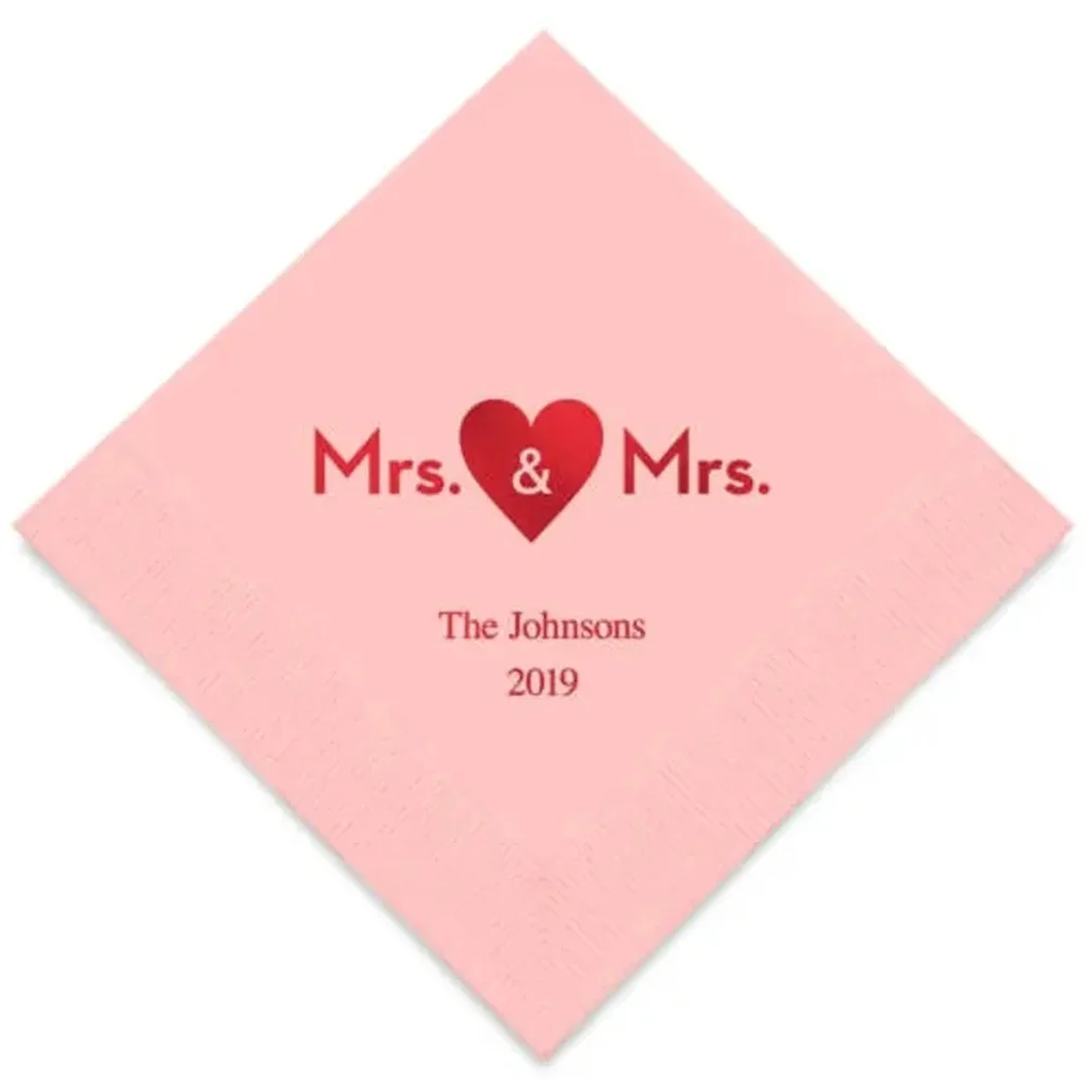 

50PCS Mrs and Mrs Same Sex Heart Personalized Printed Wedding Napkins - 3 Sizes / Multiple Colors