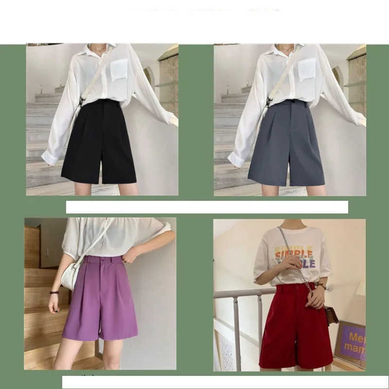 Spring Summer Women\'s High Waisted Button Solid Pockets Casual Suit Sports Formal Trousers Preppy Style High Street Shorts