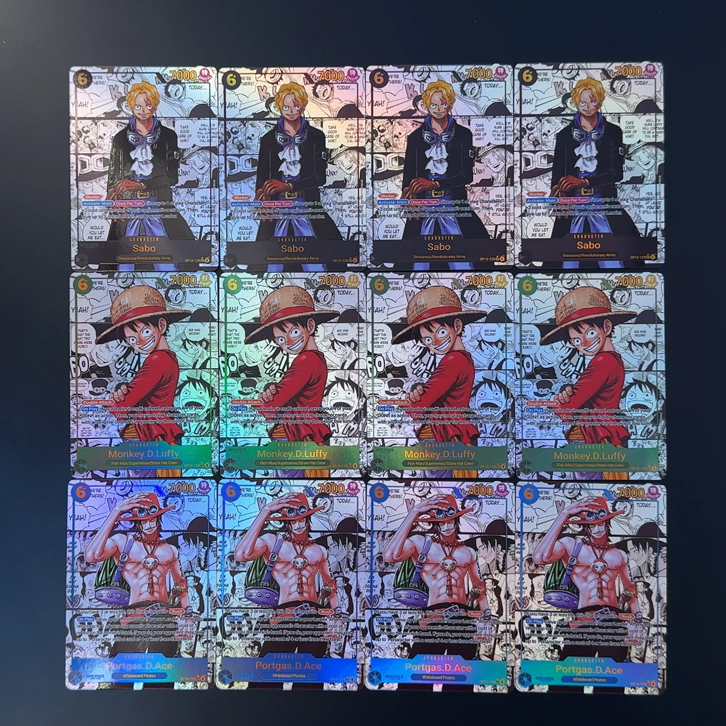 Tarjeta de Manga en inglés TCG OPCG de una pieza OP13 3 Hermano Manga Ace Sabo Luffy Impresión tradicional Tarjeta de lámina texturizada