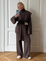 Bornladies  Autumn Winter Fashion Women's New Cable Knit Sweater Wide Leg Pants Set Soft Wool Blend Loose Fit High Neck Pullover - Image 2
