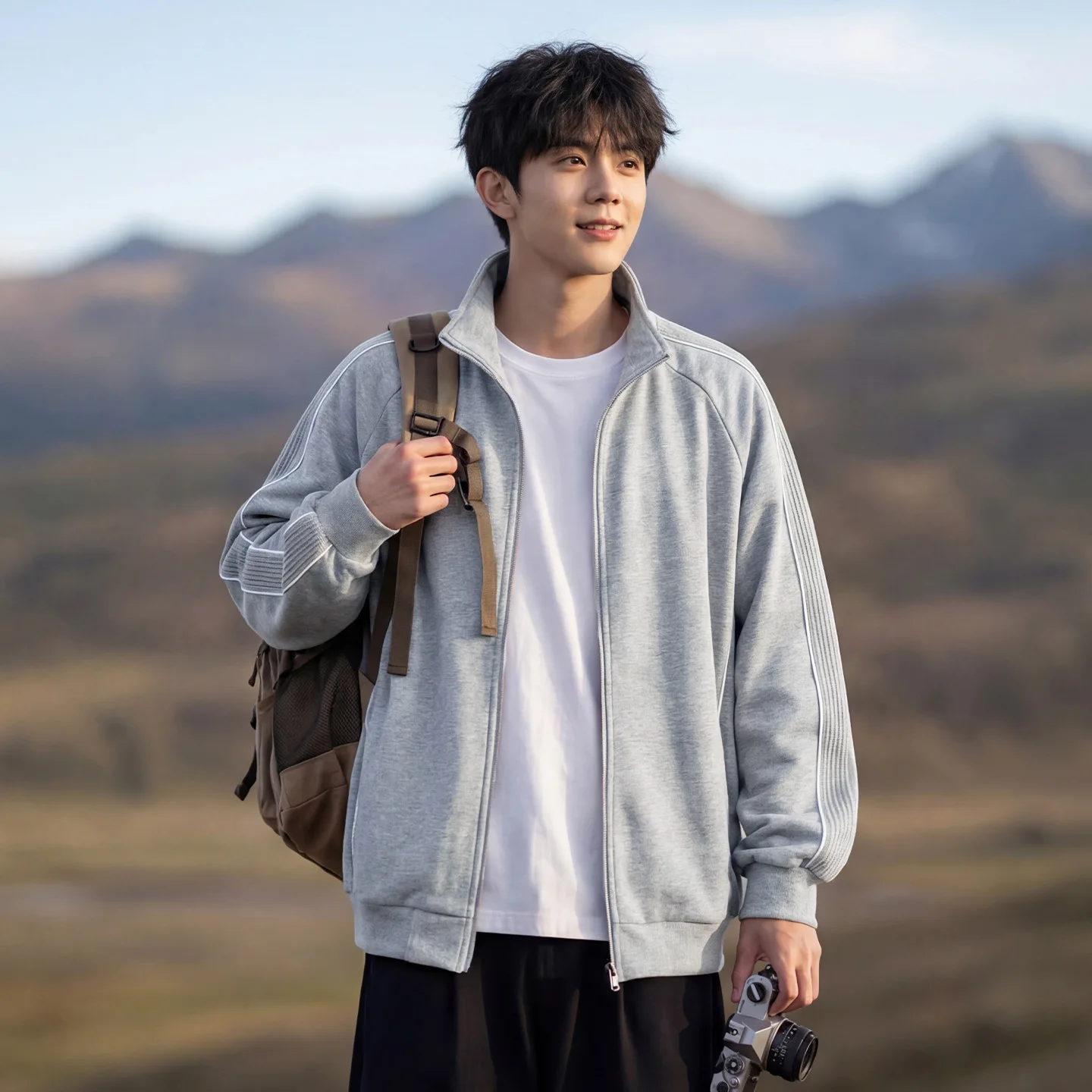 TFETTERS 2026 Spring American Streetwear Color Block Raglan Sleeve Zip Up Stand Collar Sweatshirt Men Loose Fit Casual Jacket
