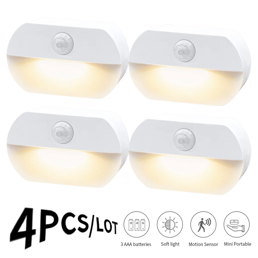 4pcs LED Night Lights Motion Sensor Light Battery Lamp Bedroom Decoration Kitchen Cabinet Storage Wardrobe Hallway Night Lamp