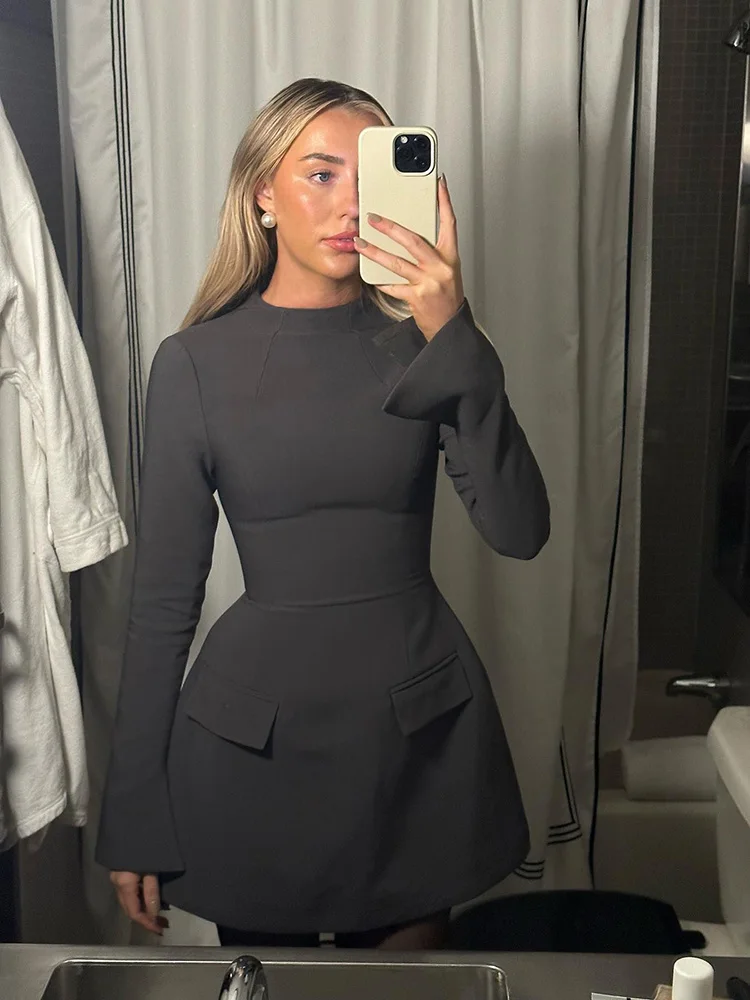 Fashion Women Chic Pocket Dresses Elegant Commute Long Sleeve Mini Dress Female 2024 Summer Lady High Street Vestidos Dark Grey