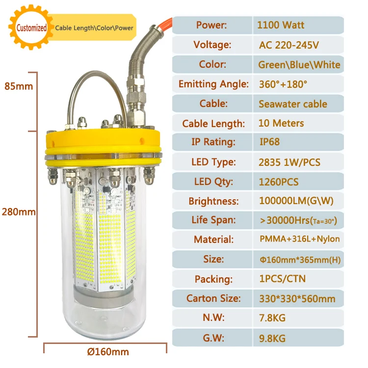 الأخضر 1100 واط 8 الجانب توهج زائد أسفل توهج قوي غاطسة Carpfishing Led قطرة عميقة تحت الماء مصباح الصيد