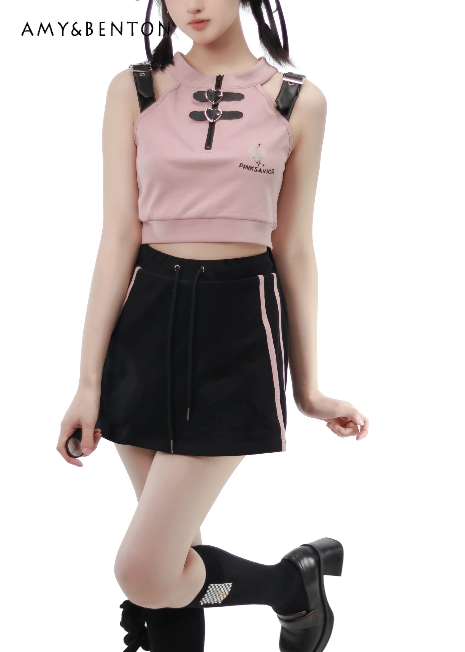 Sweet Girl Pink Cross Lace-up Short Top + elastico in vita pantaloni Casual set di due pezzi donna stile Preppy abiti carini studenti