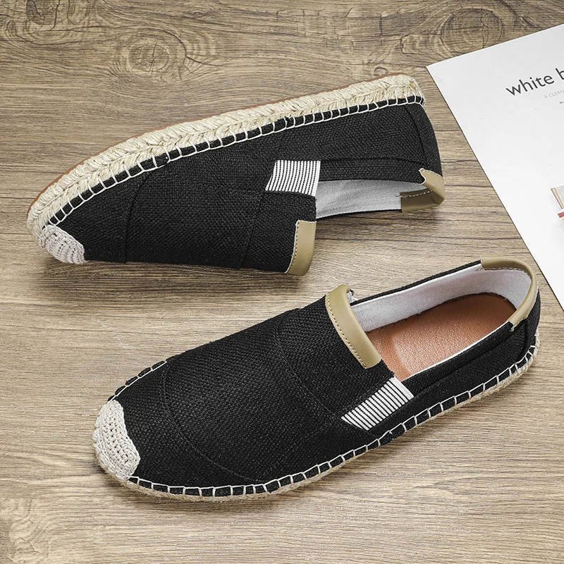 Men's Espadrilles Breathable Canvas Casual Shoes Outdoor Office Comfy Loafers Hand Made Straw Woven Flat Shoes Walking Sneakers