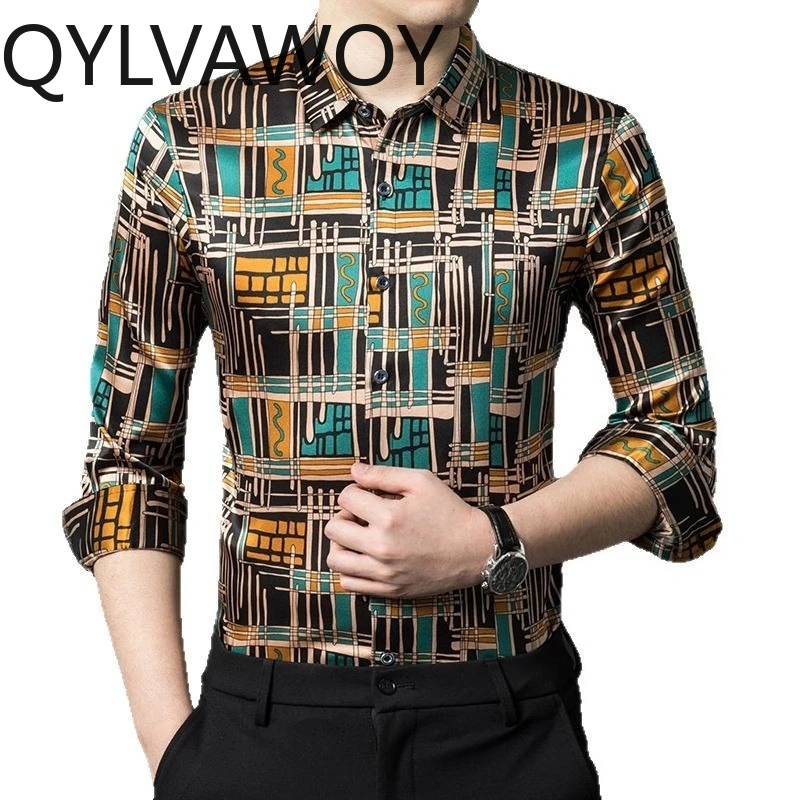 

QYLVAWOY Мужские рубашки из 92,5% шелка тутового шелкопряда, весенне-осенние рубашки в клетку с длинными рукавами, мужская одежда, повседневные топы
