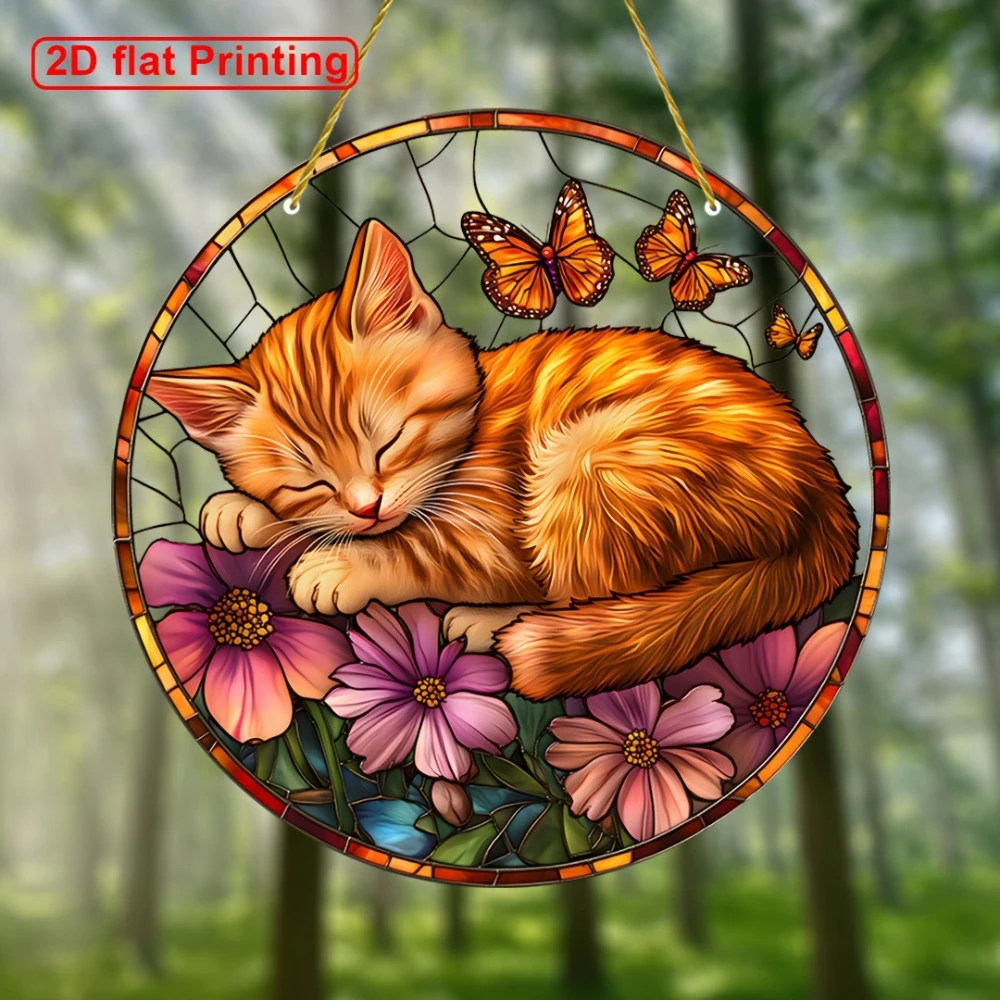 Creative Cat Pendant Window Hanging Suncatcher Acrylic Signs Decoration Round Garland Decor Garden Decoration Porch Ornament
