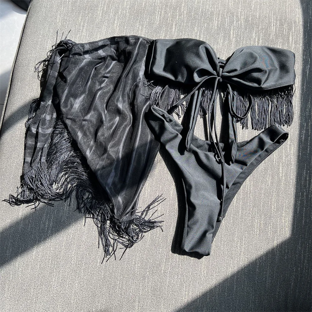 Sexy Fransen Bikini trägerlos String Tüll Cover Up Bandeau Badeanzug Frauen rückenfreie Bandage Urlaub Bademode Strand Badeanzug