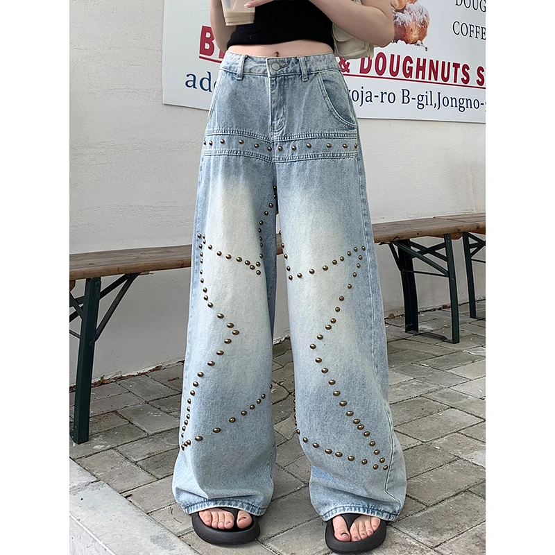 American Style Baggy Jeans Rivet High Waist Denim Pants Women Y2K Loose Casual Cargo Pants Chic Wash Jeans Girls Blue Trousers