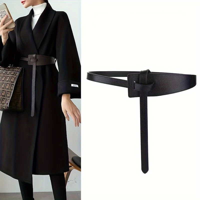 

Stylish Knotted Irregular Wide Belts Solid Color Genuine Leather Belt Classic Coat Dress Belt For Women Girls