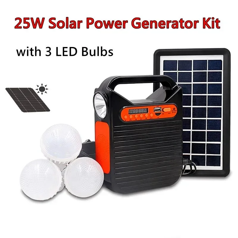 Portable Solar Power System Solar Panel Generator Kit with FM Radio 3 LED Bulbs Outdoor Emergency Lighting for Camping Hiking