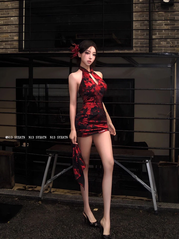 

New Chinese Style Sexy Sleeveless Bodycon Dress Neck Hanging Stand Collar Flag Robe Skirt for Women Spring Summer Season