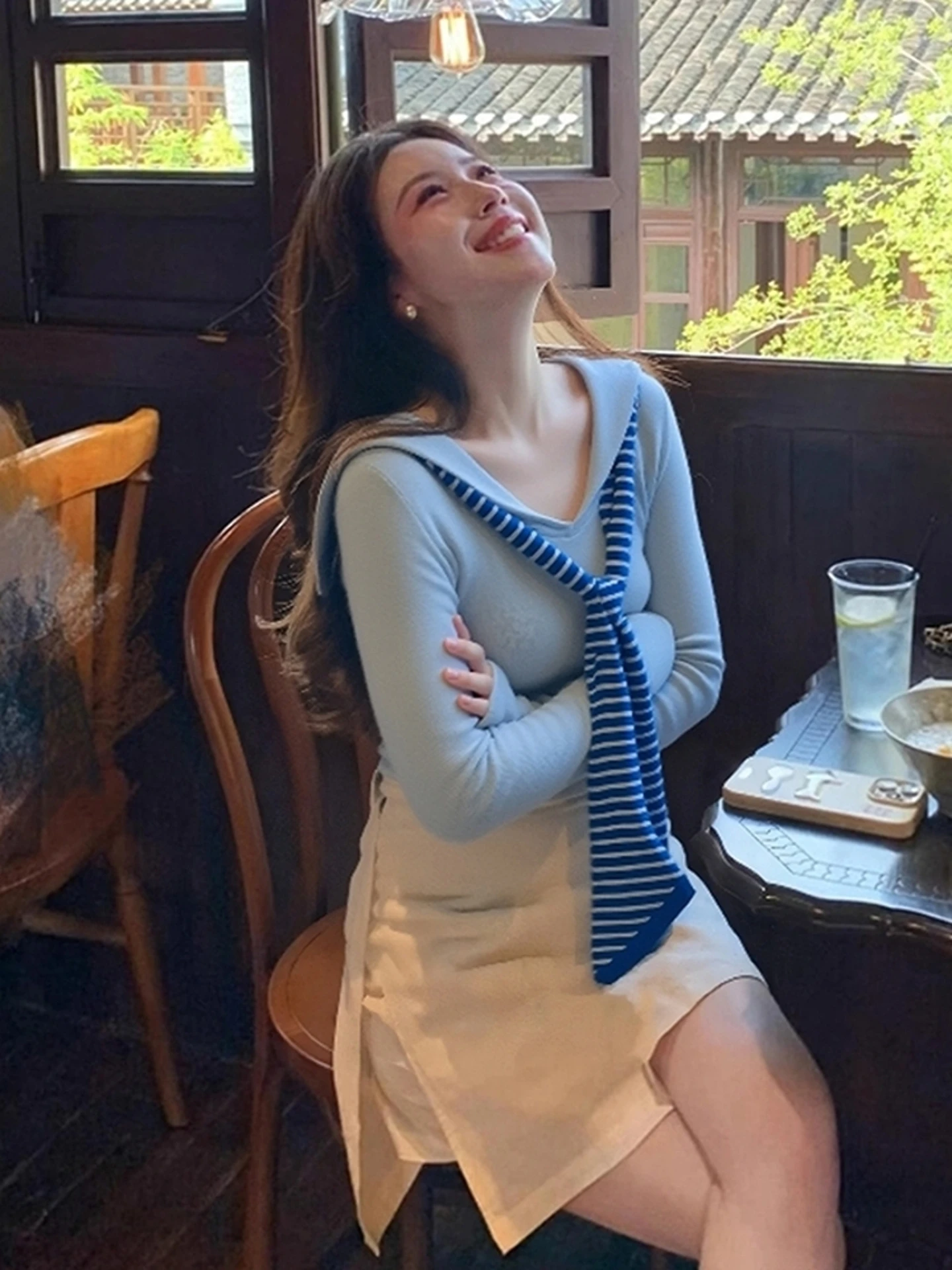 Sciarpa coreana delicata Sle lunga Sve Color Blo lavorata a maglia Colletto blu scuro Dimagrante Agel Ele Strato base Top per donna