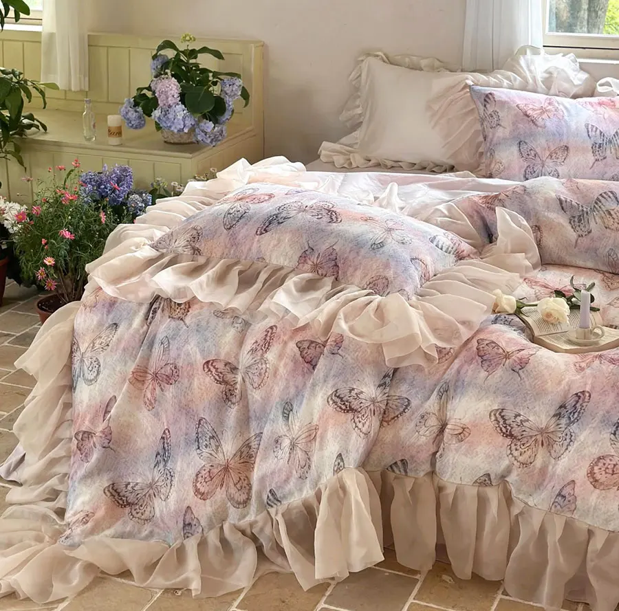 Vintage butterfly purple pink bedding set,full queen king elegant fairyfair ruffle home textile bed sheet pillowcase quilt cover