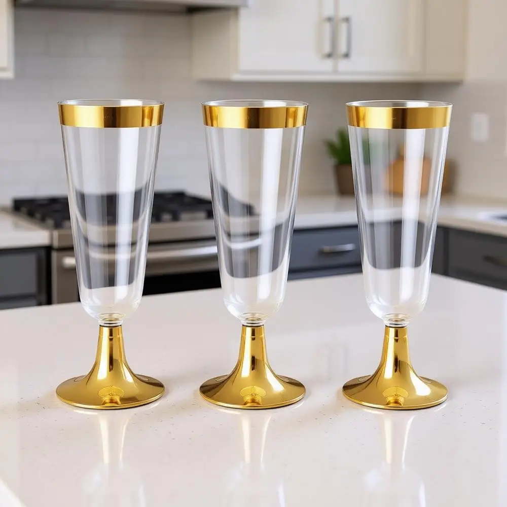

100 Pack Gold Rimmed 5OZ Plastic Champagne Glasses - Premium Quality Disposable Cups for Thanksgiving, Weddings