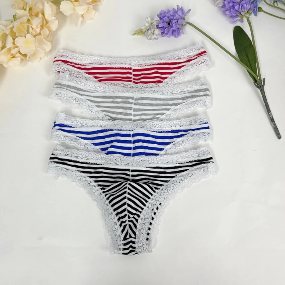 Men's Lace Trim Striped G-String Briefs Bikini Underwear Pouch Low Waist Striped Man Sexy Lingerie Underpants Jockstrap