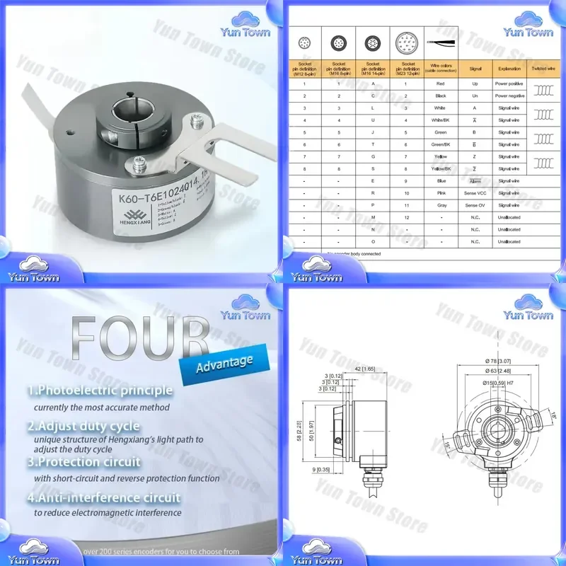 Hengxiang Incremental Encoder for 10-58HN-1024-SG82 1024 PPR Hollow Shaft Encoder 15mm Bore 5-30V DC Industrial Automation