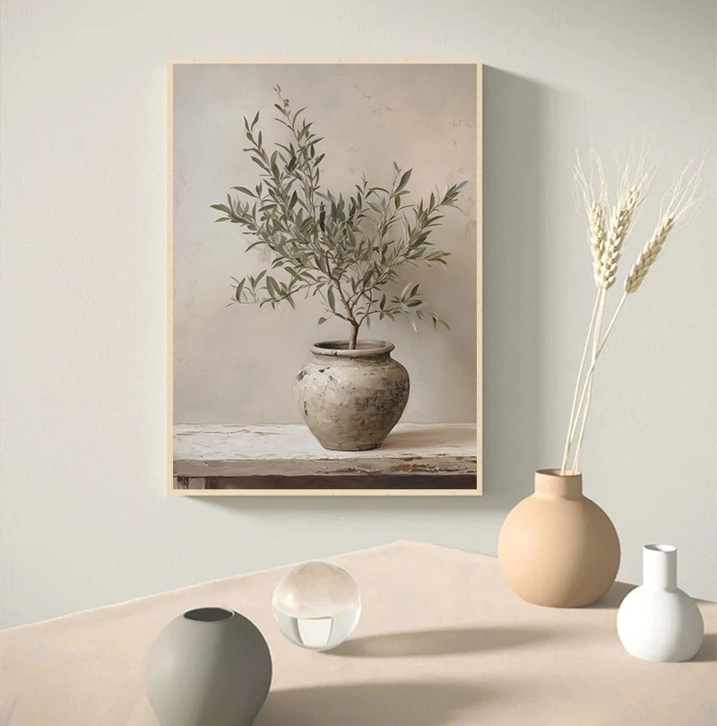 Vintage Minimalist Wall Art Italy Olive Tree in Vase Canvas Painting Poster Prints Still Life Botanical Antique Home Room Decor