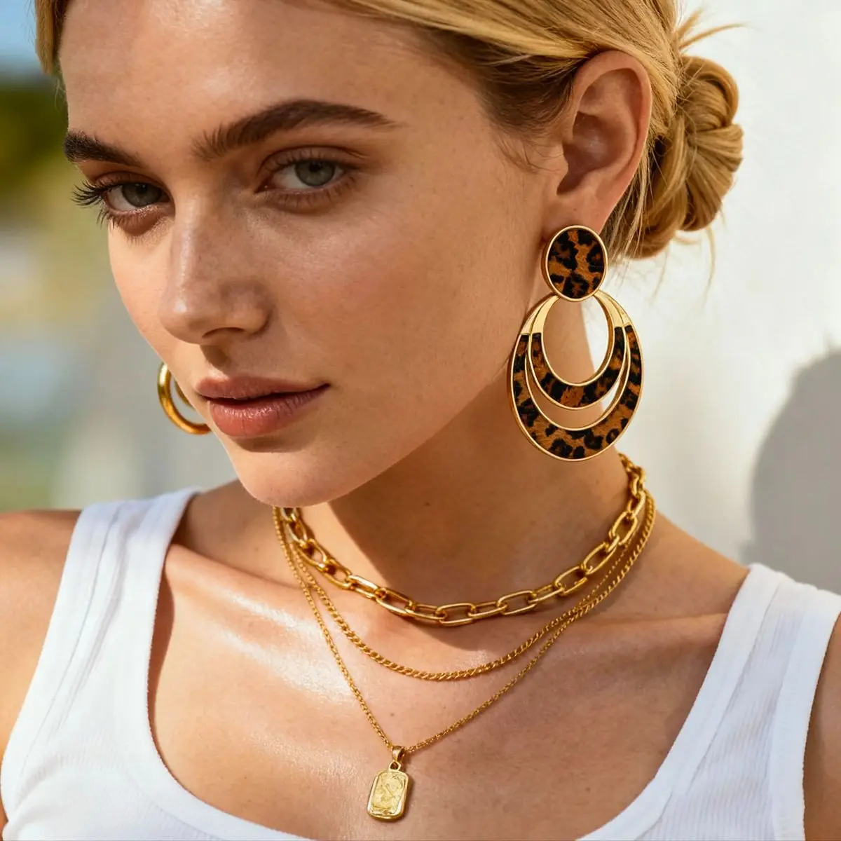 الرجعية جوفاء هندسية جولة ليوبارد طباعة الفضة إبرة الأقراط الخريف والشتاء الأزياء المتخصصة الأقراط الراقية #3